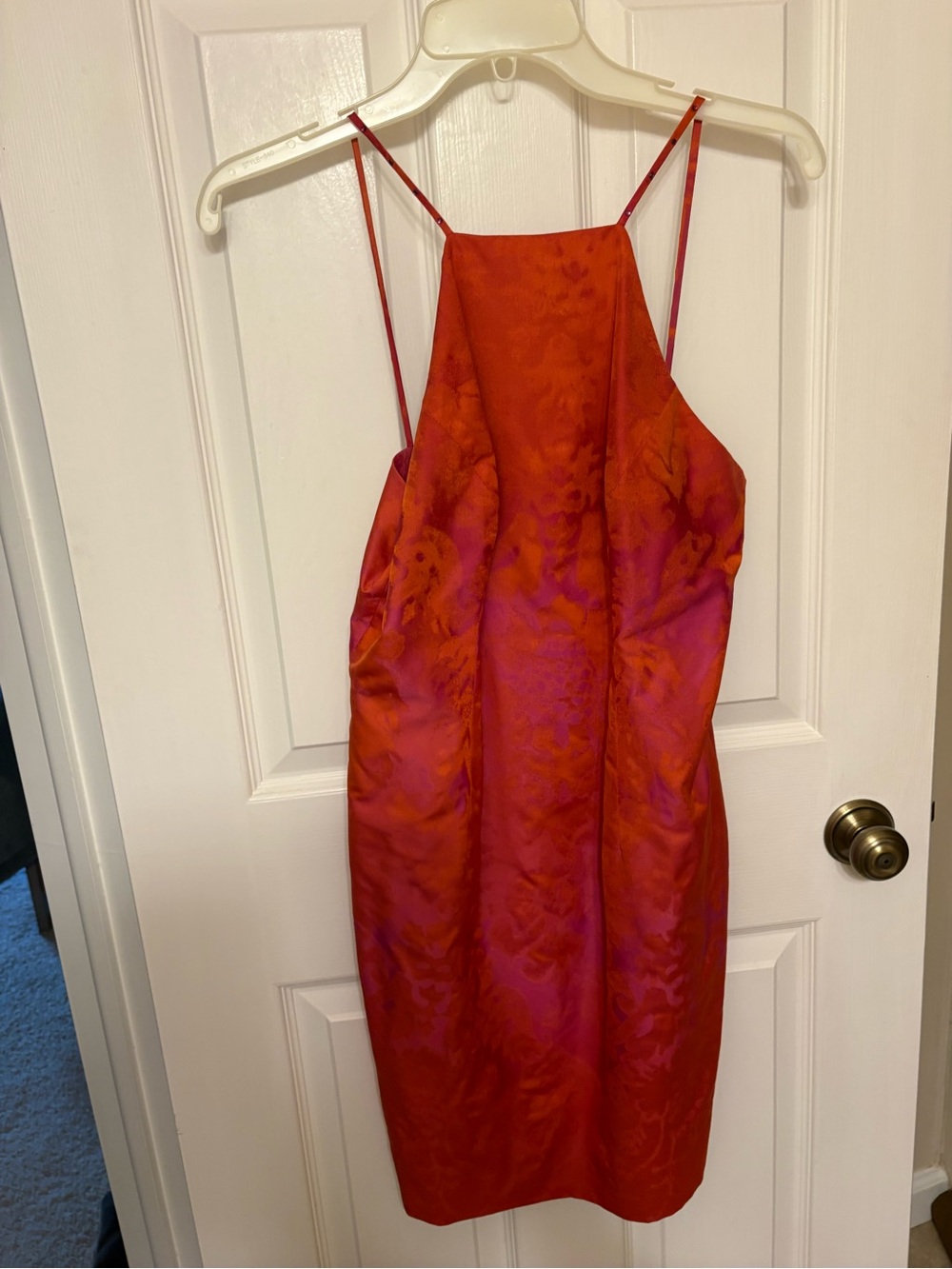 Satin Red-Pink Midi Dress with Beaded Spaghetti Straps